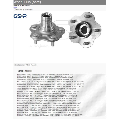 GSP Rear Wheel Hub Kit - Suits Nissan Stagea M35 NM35 2001-2007, 350Z Z33 02-09, X-TRAIL T30