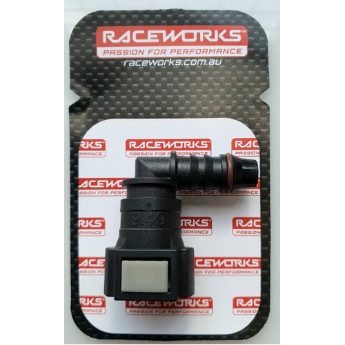 Raceworks GM Female EFI 90DEG Adaptor 3/8 Tube to 3/8 Barb